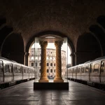 Glass-encased exhibit showing two Roman columns with golden light and modern subway trains behind the Colosseum arches.