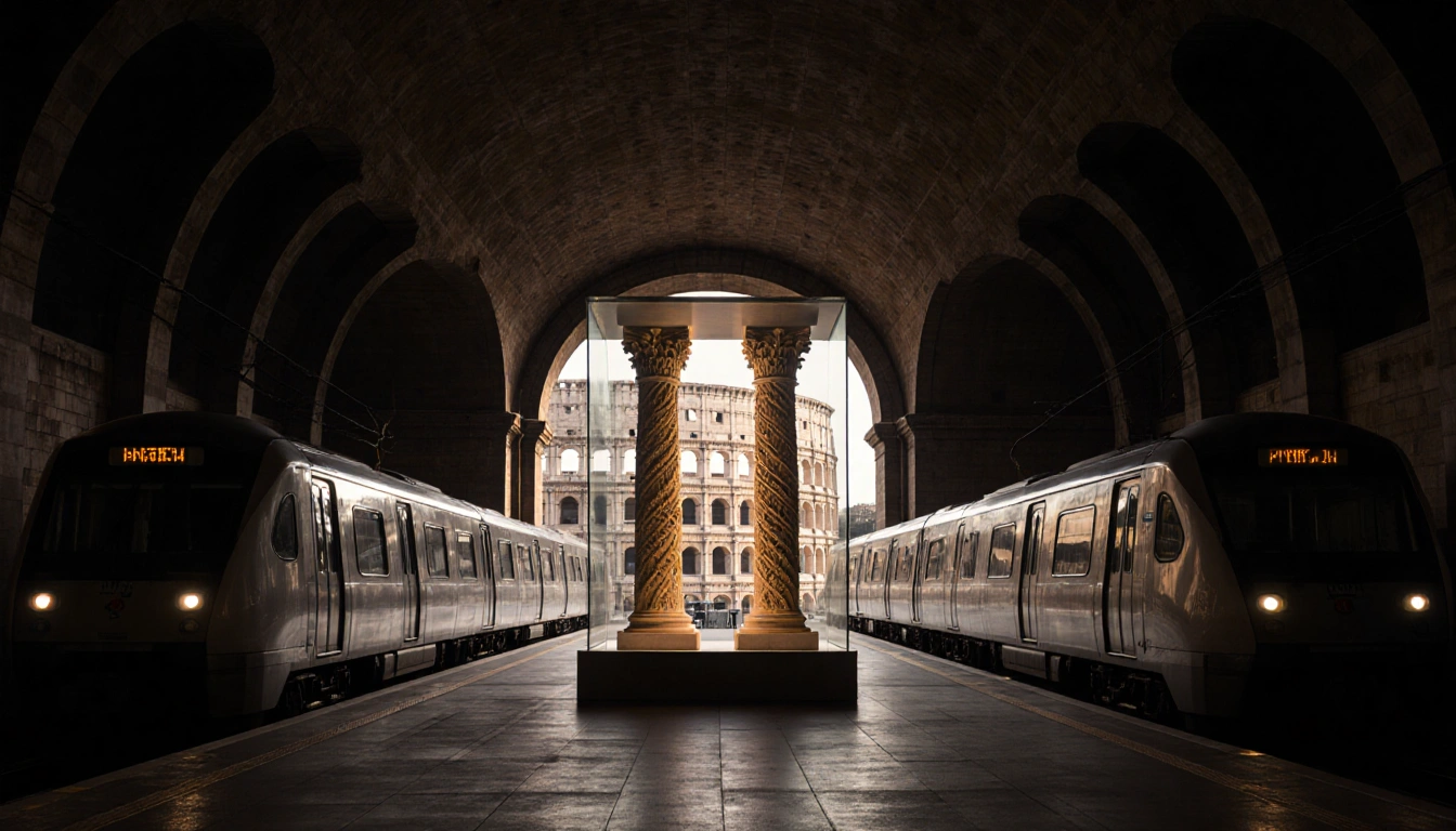 Glass-encased exhibit showing two Roman columns with golden light and modern subway trains behind the Colosseum arches.