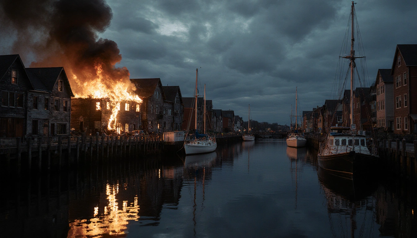 Blazing fire consumes Old Port Portland wooden buildings with flames and smoke reflecting on calm waterfront at night