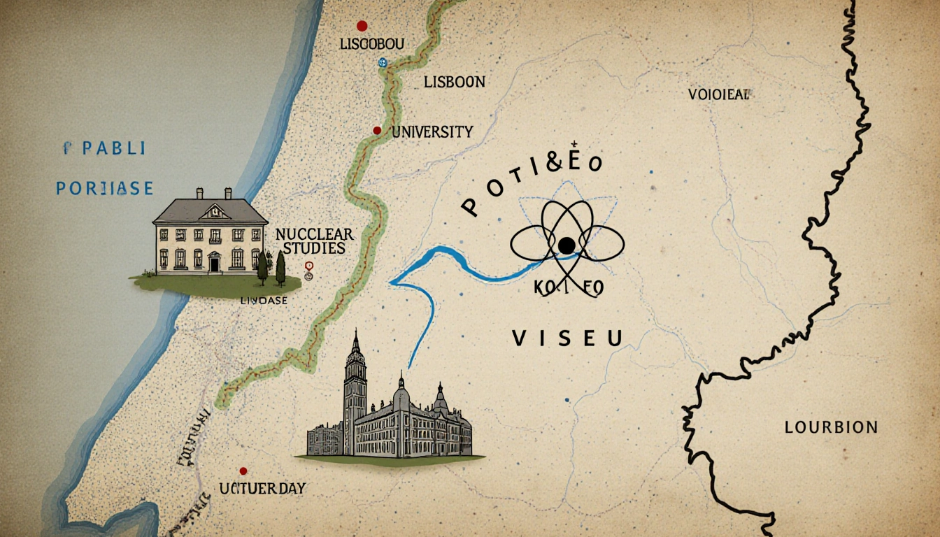 Map of central Portugal shows life with a house and a stylized atom symbolizing fusion research.