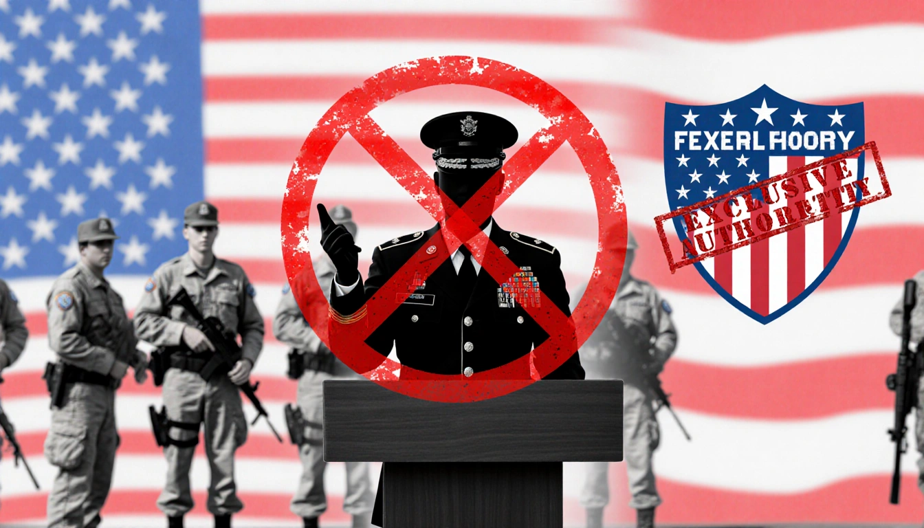 Officer standing behind podium with red X gesturing toward American flag and Guard unit in background Posse Comitatus Act