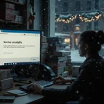Postal worker checking a computer with a service unavailable cyberattack message and snow falling outside during Christmas.