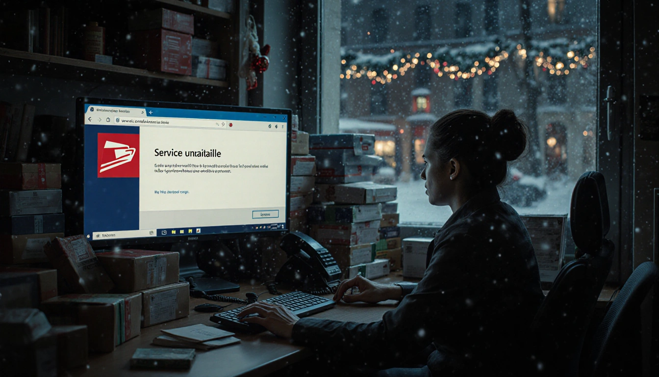 Postal worker checking a computer with a service unavailable cyberattack message and snow falling outside during Christmas.
