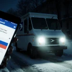 Postal truck illuminating snowy street with headlights and smartphone showing cyberattack news near a Russian flag motif