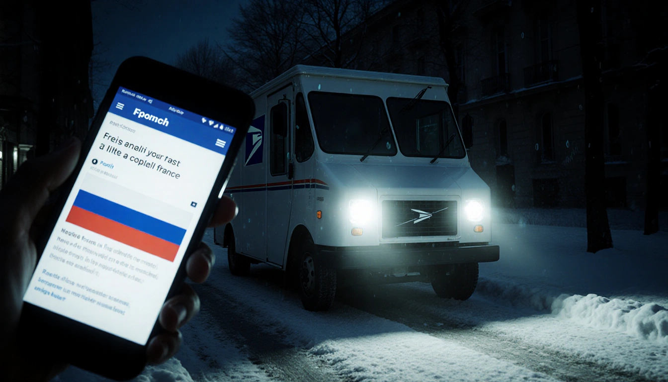 Postal truck illuminating snowy street with headlights and smartphone showing cyberattack news near a Russian flag motif