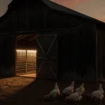 Barn stands empty with dimly lit coop door ajar and dead chickens scattered near the door in sunset glow.