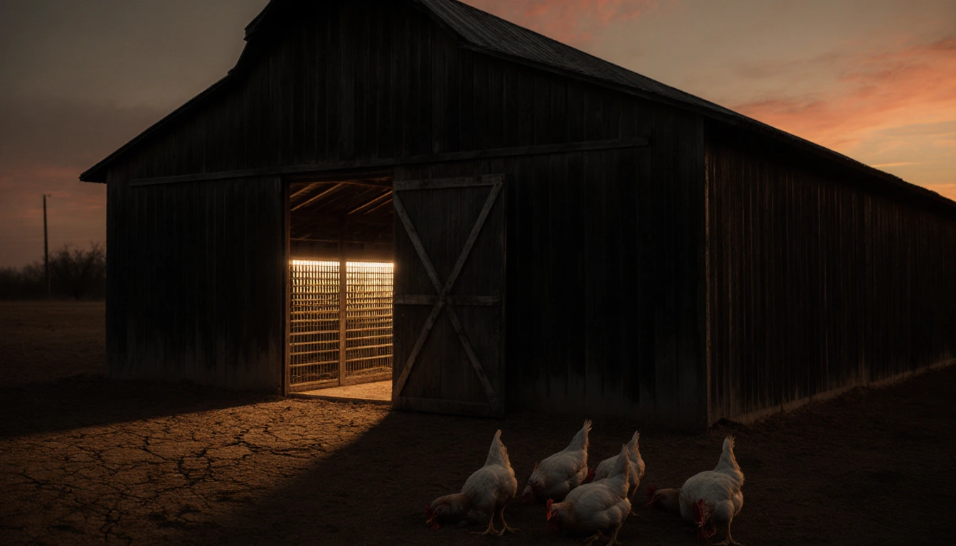 Barn stands empty with dimly lit coop door ajar and dead chickens scattered near the door in sunset glow.