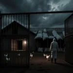 A guard in protective gear standing near a barbed-wire gate with stormy sky and dead birds on ground