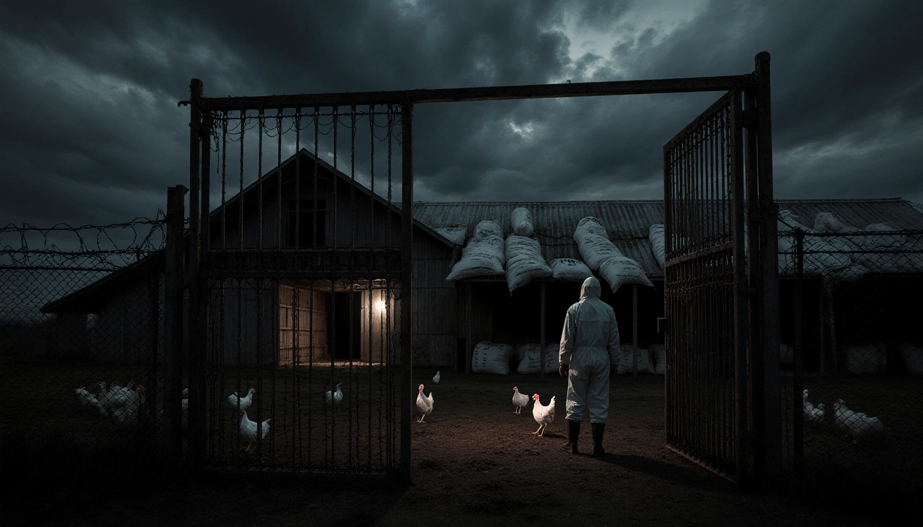 A guard in protective gear standing near a barbed-wire gate with stormy sky and dead birds on ground