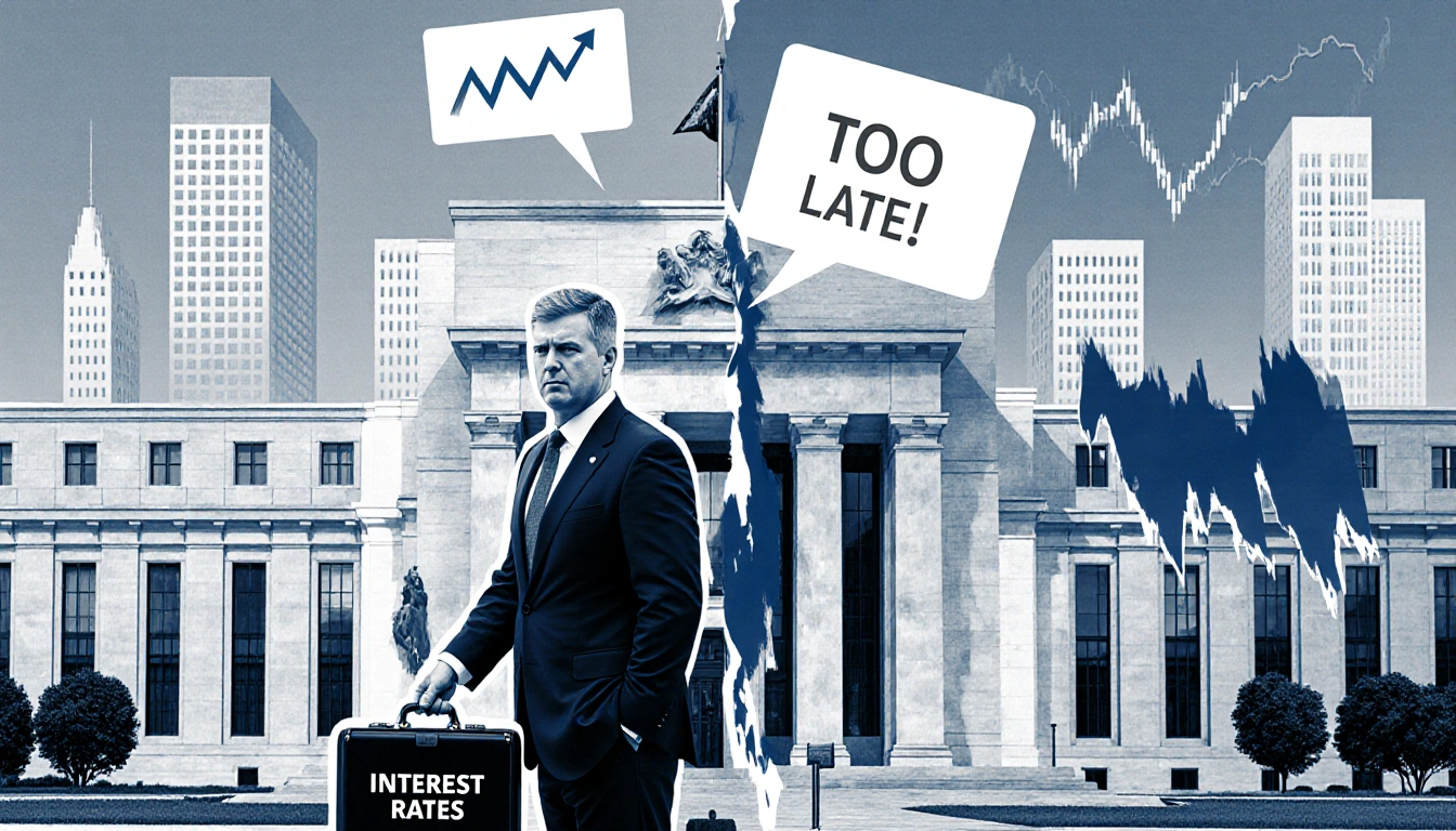 Jerome Powell holding an Interest Rates briefcase with a giant Too Late sign over the Federal Reserve building, muted gray-bl