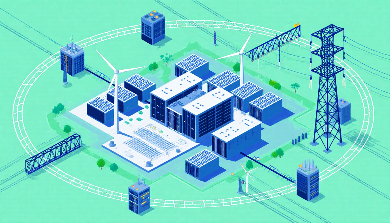 Power grid interconnecting blue and green nodes with data center supplying renewable energy.