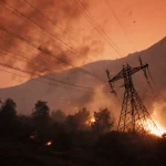 Power line swaying violently with sparks and broken cables while orange-red sky and distant mountains glow.