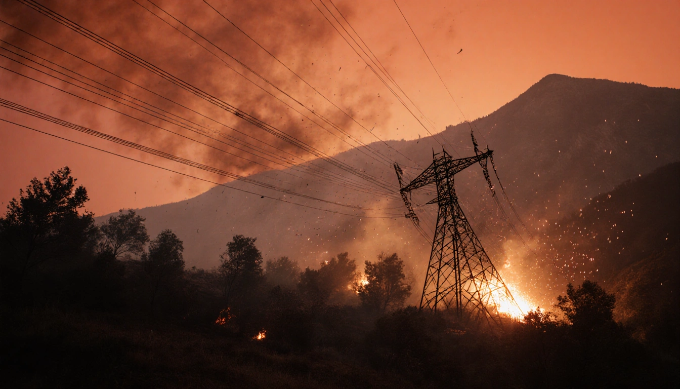 Power line swaying violently with sparks and broken cables while orange-red sky and distant mountains glow.