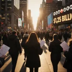 People walking through a crowded city street at dusk with Powerball tickets in hand and giant screens showing the jackpot