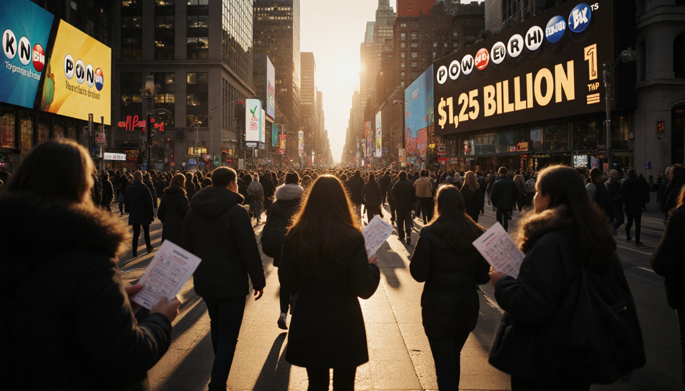 People walking through a crowded city street at dusk with Powerball tickets in hand and giant screens showing the jackpot