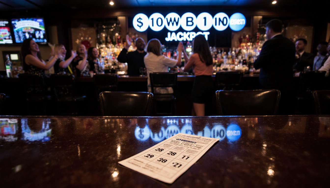 Winners cheering with the glowing TV jackpot and a lone Powerball ticket showing numbers 58 28 31 1 57