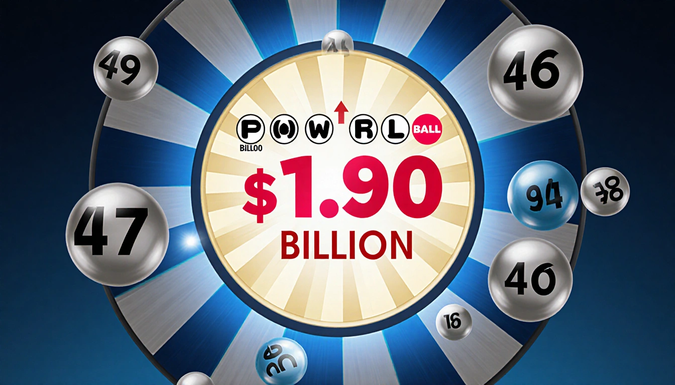 Powerball jackpot wheel glowing with $1.7 billion center and spokes radiating while 46 gray and blue balloons fade around it