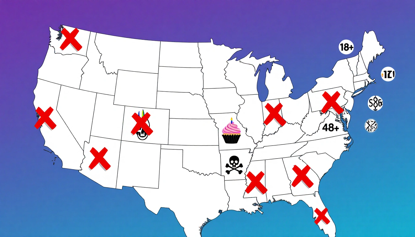 Map highlights states with red X marks for Powerball restrictions with cake and skull symbols indicating age limits.