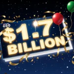 Powerball ticket glows with $1.7B jackpot neon text amid festive confetti and stars and fireworks