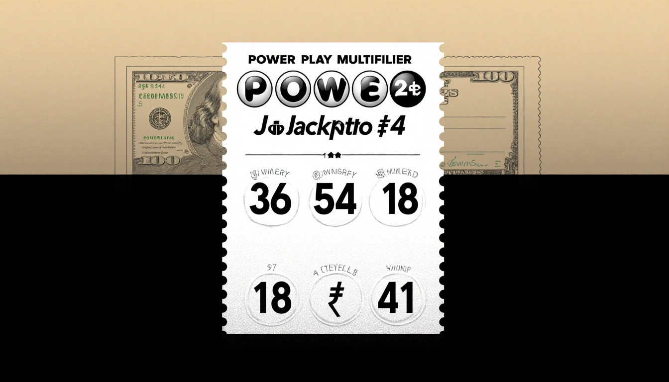 Powerball ticket showing winning numbers 36 54 18 3 41 and 2× Power Play with a subtle ball-texture gradient.