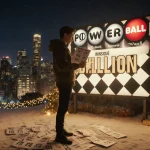 Young adult triumphantly holds a Powerball ticket with city skyline and festive lights.