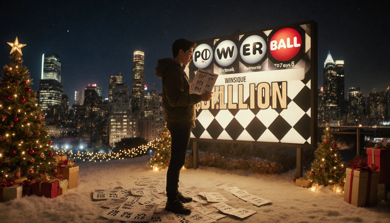Young adult triumphantly holds a Powerball ticket with city skyline and festive lights.