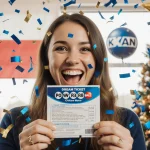 Young woman holding Powerball ticket with winning numbers and confetti in a convenience store near Texas flag