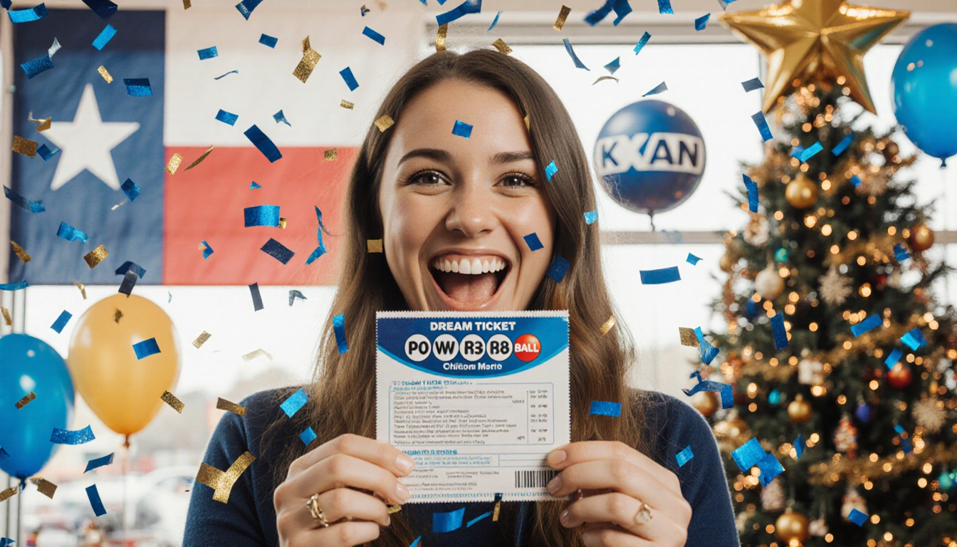 Young woman holding Powerball ticket with winning numbers and confetti in a convenience store near Texas flag