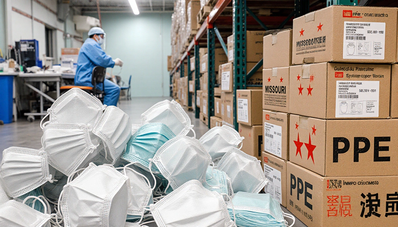 PPE masks pile haphazardly in a warehouse with boxes labeled Missouri and Chinese characters and a faint hospital scene.