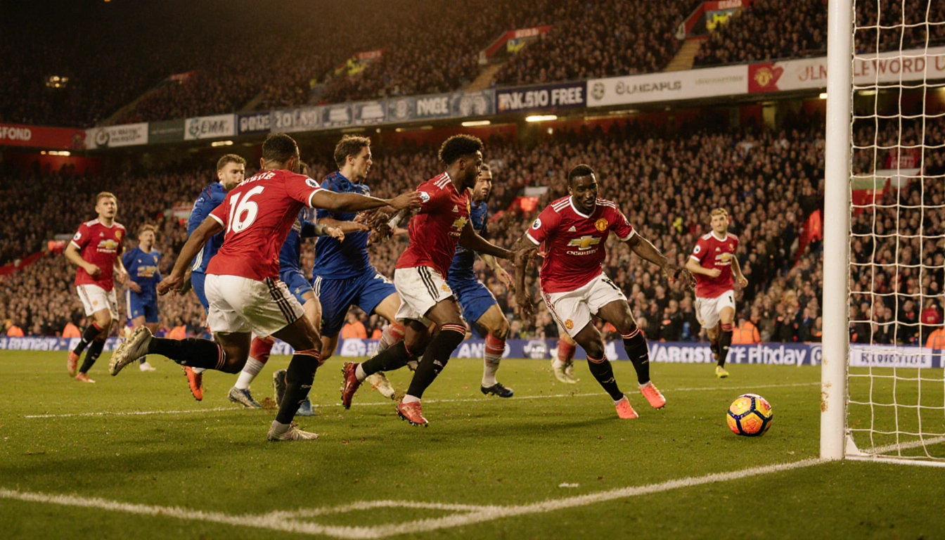 Manchester United player celebrating a goal with teammates from both teams surrounding the ball under light at Old Trafford