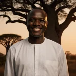 Faustin Archange Touadéra president standing with majestic baobab tree and golden sunset glow Russian flag faint in backgroun