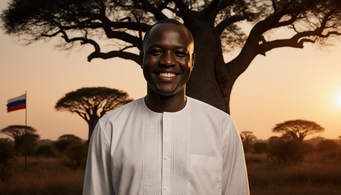 Faustin Archange Touadéra president standing with majestic baobab tree and golden sunset glow Russian flag faint in backgroun