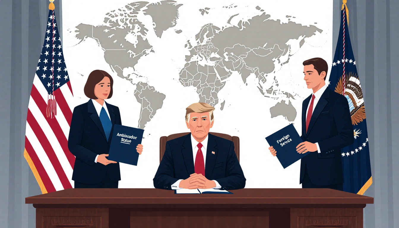 President at desk with officials holding folders titled Ambassador Status and Foreign Service flags and maps in background
