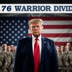 President Trump stands with American flag and $1,776 banner while soldiers salute.