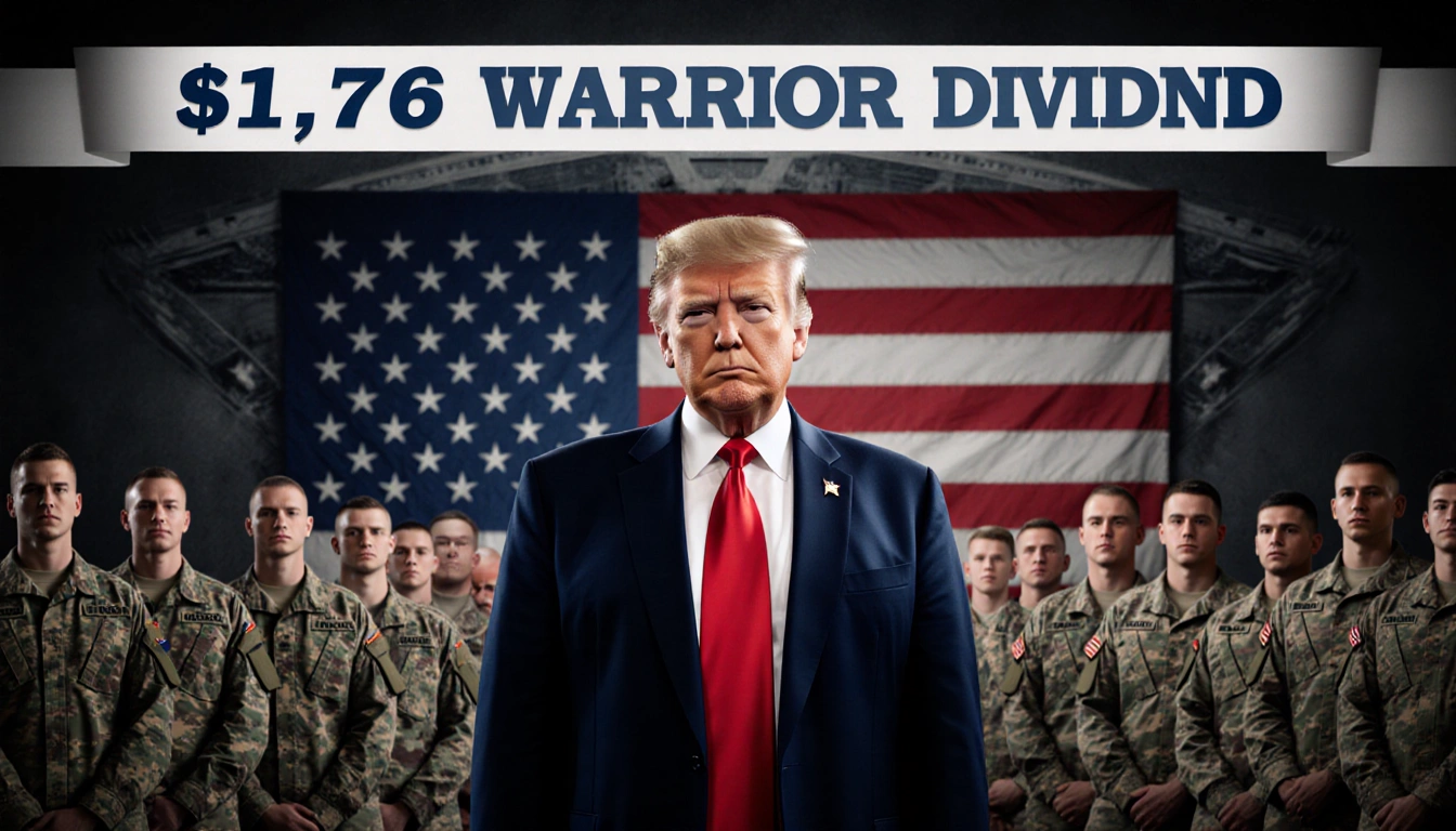 President Trump stands with American flag and $1,776 banner while soldiers salute.