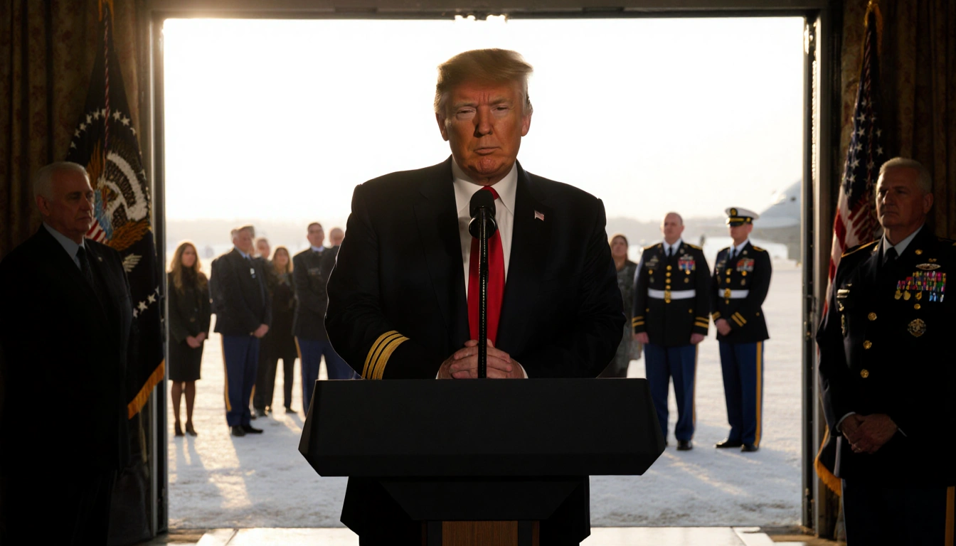 President Trump standing at podium with grieving families near Dover Air Force Base hangar during winter mourning ceremony