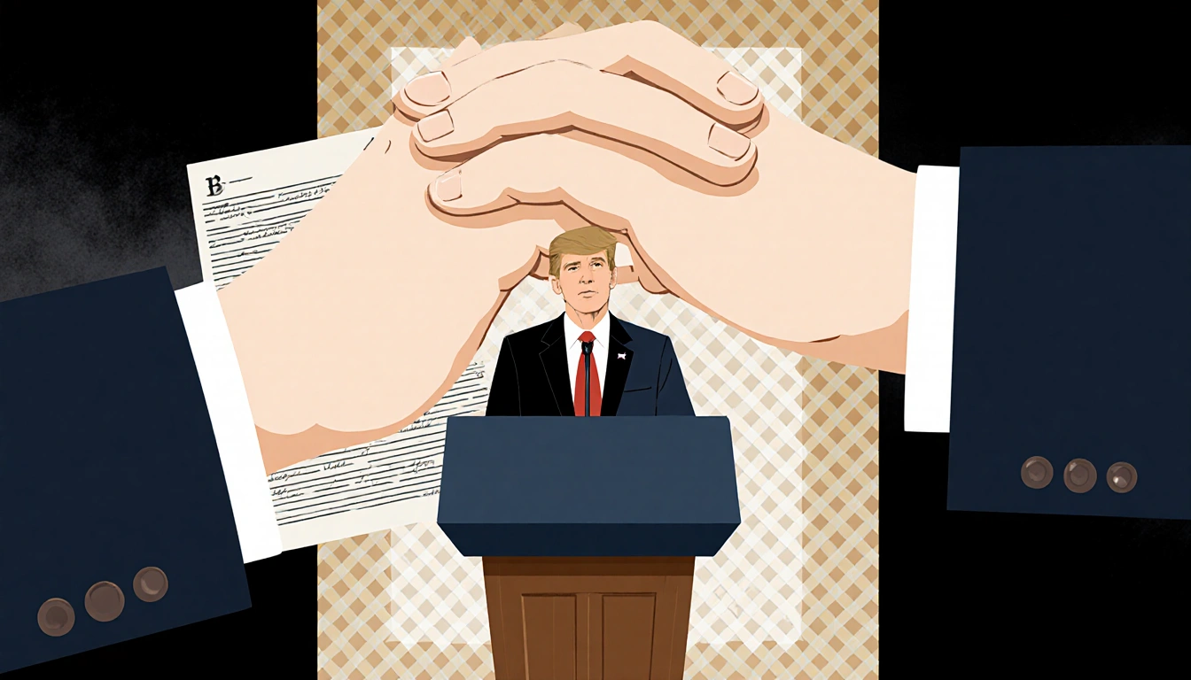 President delivering a scripted speech with clasped hands and a weave pattern on the podium.