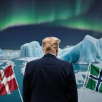 President Trump standing in front of Greenlandic ice cap with Arctic map behind and Danish and Greenlandic flags foreground a