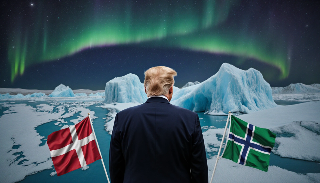 President Trump standing in front of Greenlandic ice cap with Arctic map behind and Danish and Greenlandic flags foreground a
