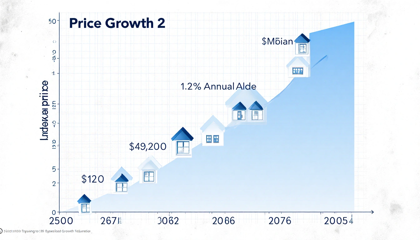 Graph line rising upward with gradient and tiny houses showing price growth median price $409,200 at its end