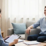 Young adult patient sitting on couch with doctor smiling and open arms beside a tablet on a coffee table warm light in clinic