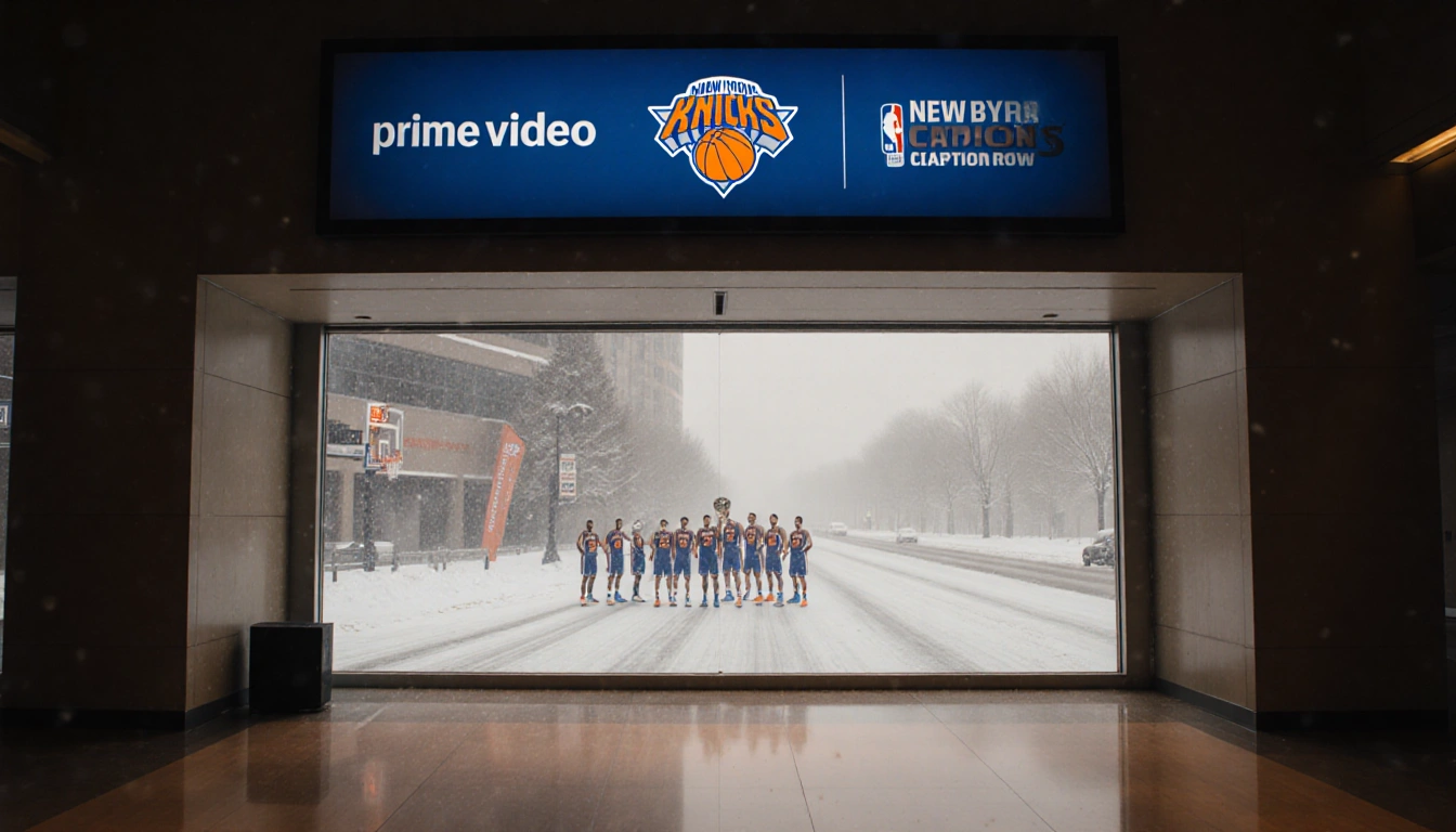 Lobby welcomes visitors with Prime Video banner above entrance and faint Knicks image with snowy road window