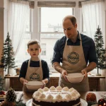 Prince William and Prince George mix bowls in a warm kitchen with royal aprons and a festive Christmas table.