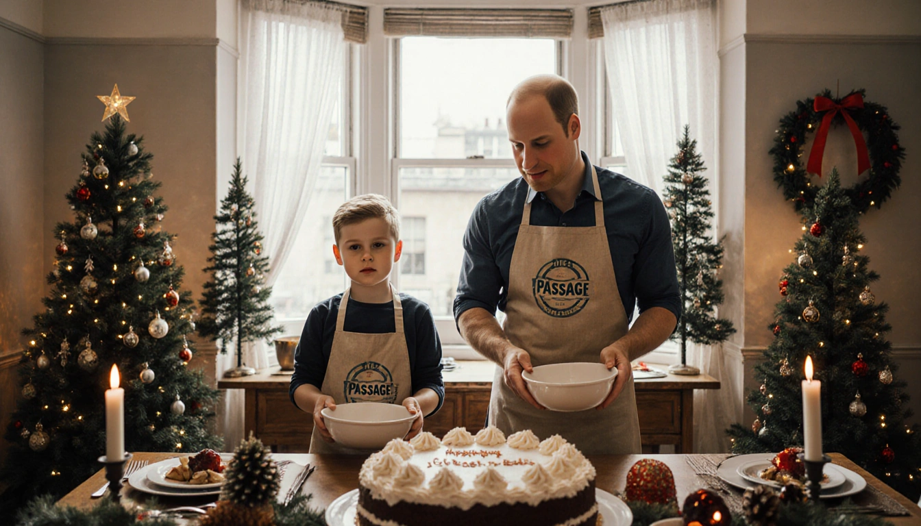 Prince William and Prince George mix bowls in a warm kitchen with royal aprons and a festive Christmas table.