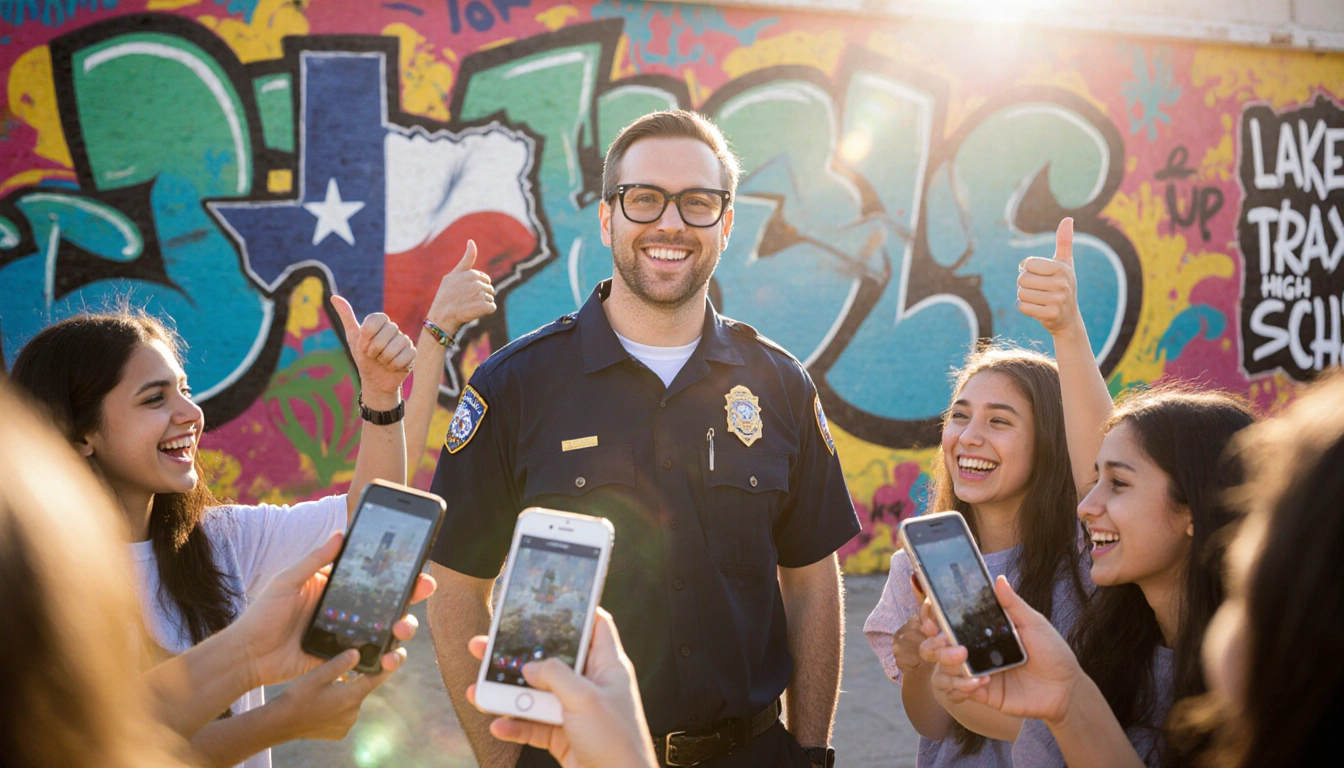 Cool Principal Buddy Bush standing before a graffiti wall with school logo and students holding phones showing Instagram vide