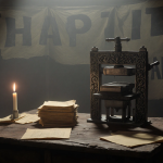 Printing press sits on a worn wooden table with a flickering candle and faded protest banners
