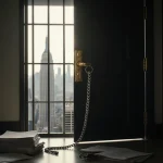 Prison cell door ajar with gold hinges and Diddy