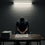 Prisoner sits with bowed head in cell with light and cuffed hands on chair armrests and newspaper headline visible.