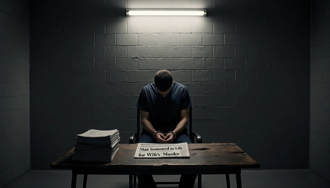Prisoner sits with bowed head in cell with light and cuffed hands on chair armrests and newspaper headline visible.
