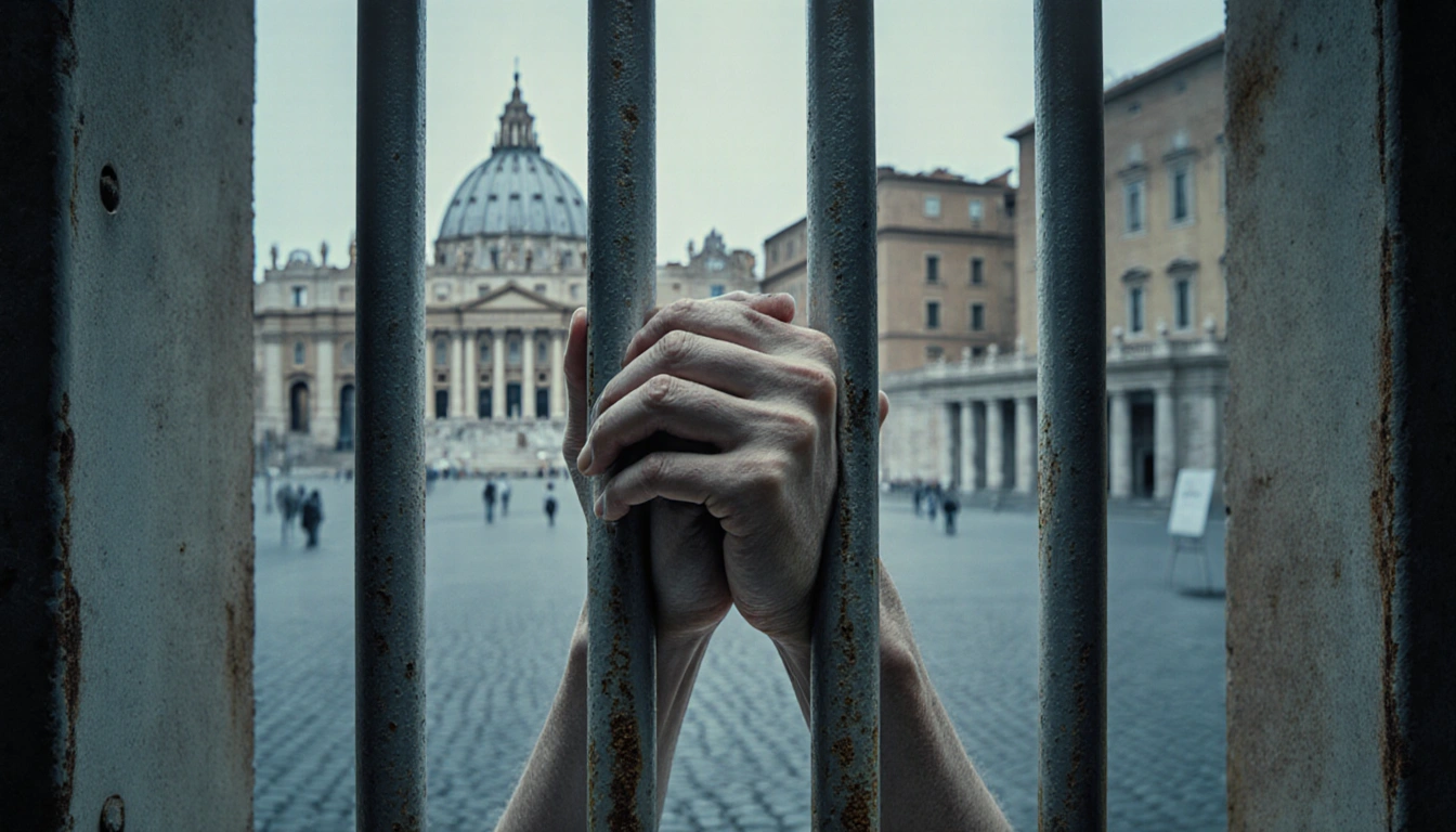 Hands clasping together with cold steel bars of a prison cell and faint St. Peter's Square in the distance